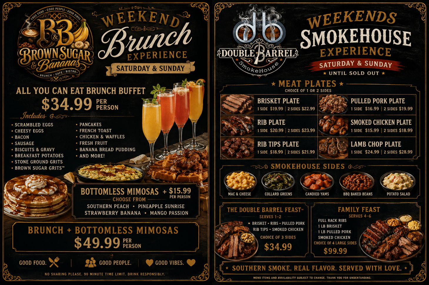 Weekend brunch and smokehouse flyer showing the all-you-can-eat brunch and weekend smokehouse menu